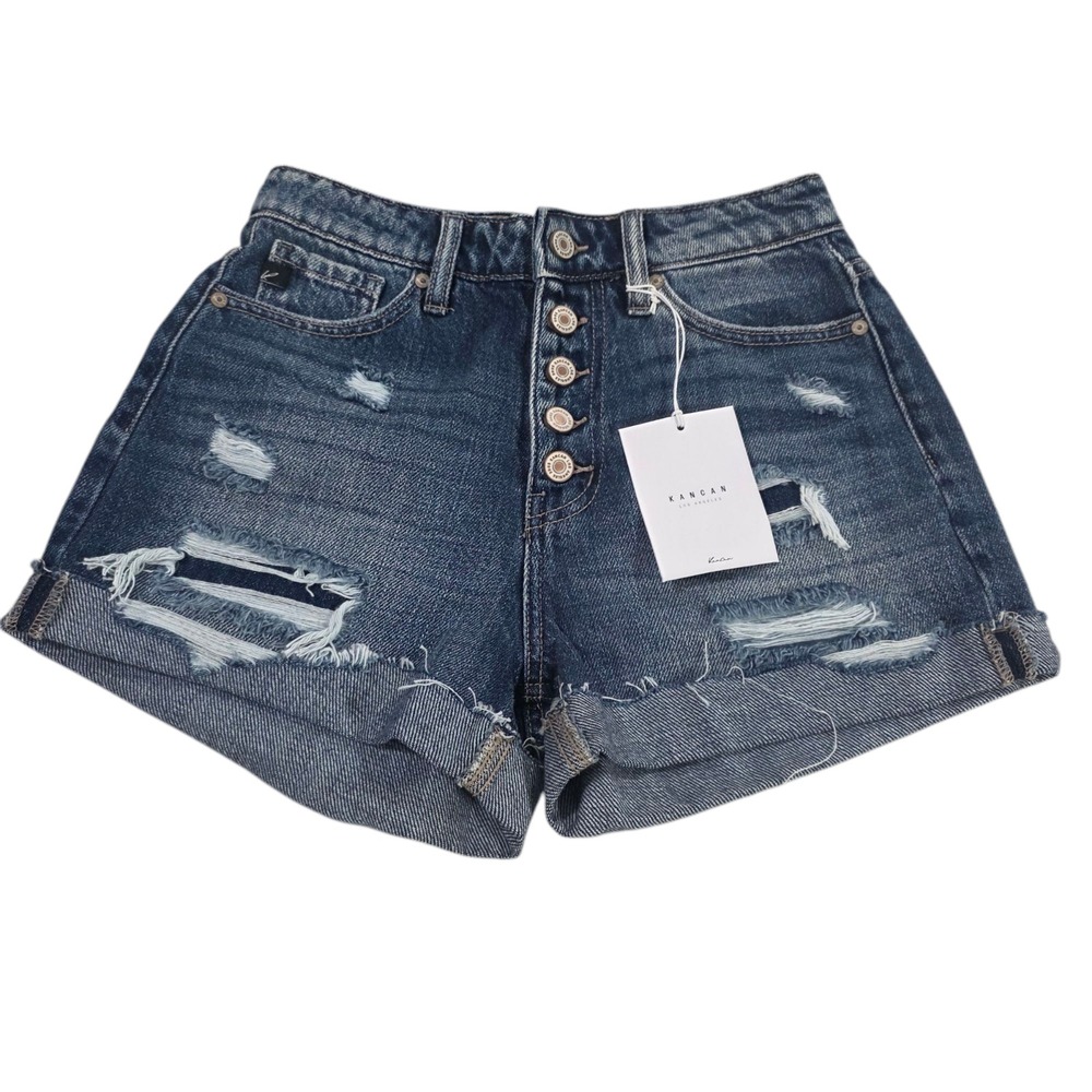KanCan Cut Off Shorts Womens Blue‎ XS Denim High Rise Distressed Chic Fly Button
